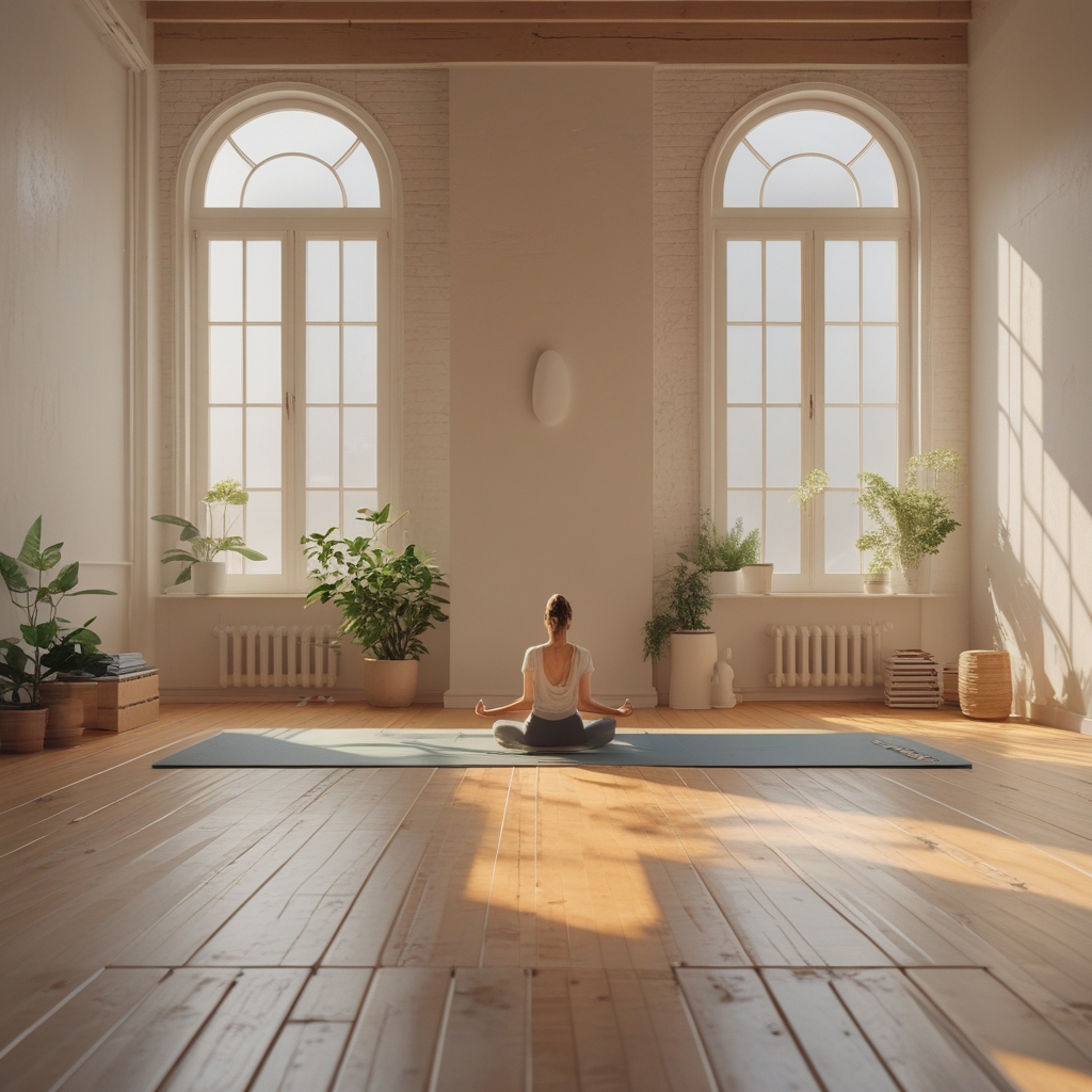 Serene yoga studio interior with warm natural light streaming through tall windows, wooden floor and minimalist decor, empty space evoking calm and discipline