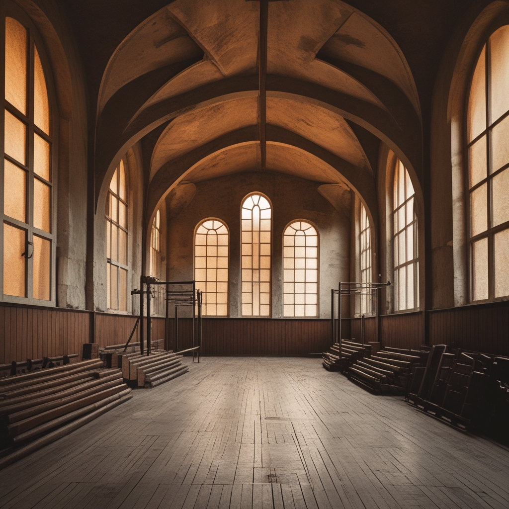 Old architectural gymnasium interior with high vaulted ceiling, rows of wooden gymnastic equipment, warm sepia-toned light filtering through arched windows