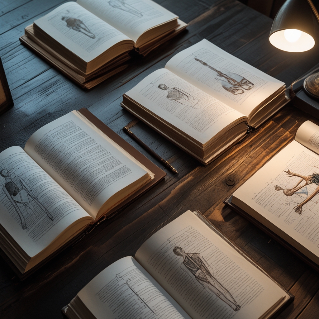 Open academic books and anatomical diagrams spread on a dark wooden desk with a focused desk lamp illuminating the pages, scholarly atmosphere