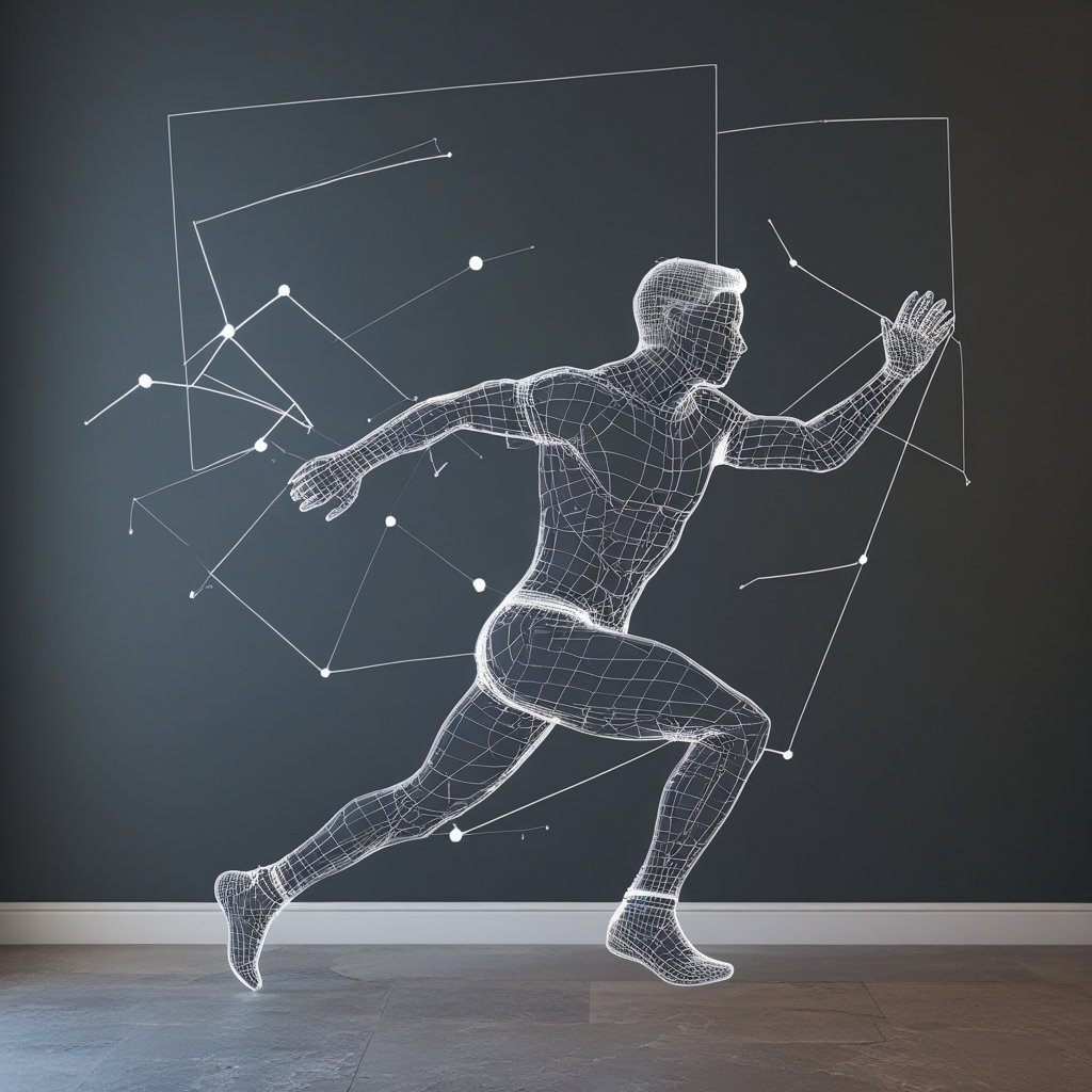 Geometric wireframe diagram of a human body in motion projected on a dark wall, abstract biomechanical visualization with clean lines