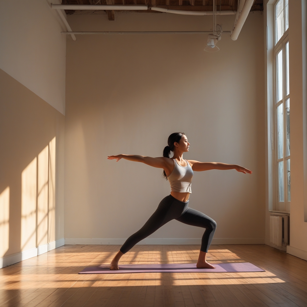 Close-up of a person in a balanced yoga warrior pose on a wooden floor, warm side lighting casting long shadows, architectural studio background