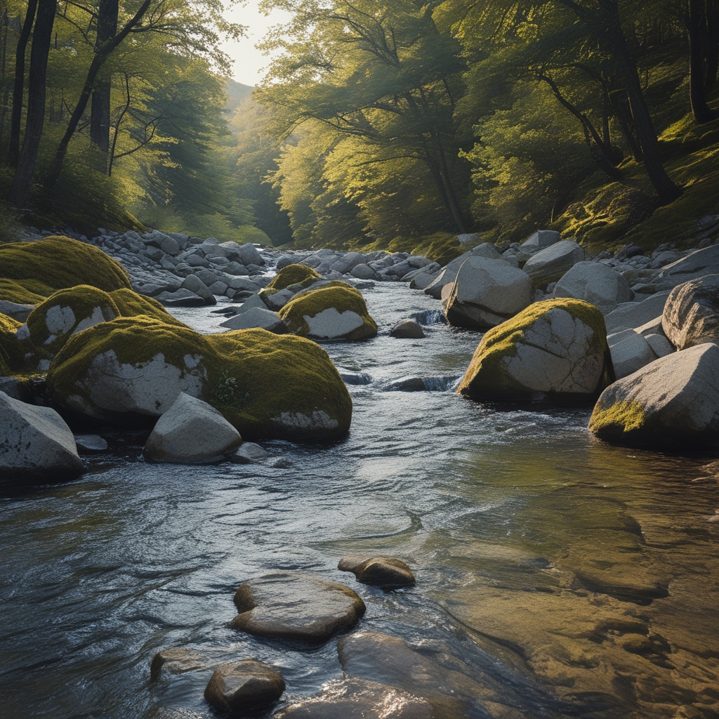 Moss-covered rocks beside a clear mountain stream, dappled sunlight through forest canopy, natural textures of stone and water in harmony